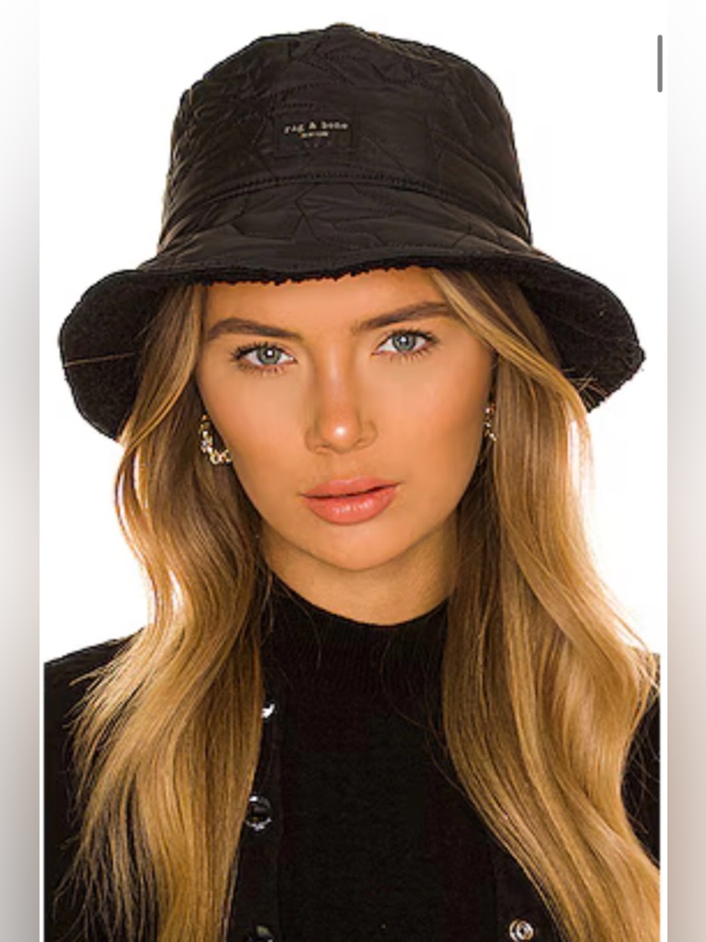 Rag & Bone Black Addison Reversible Sherpa & Quilted Puffer Bucket Hat One size